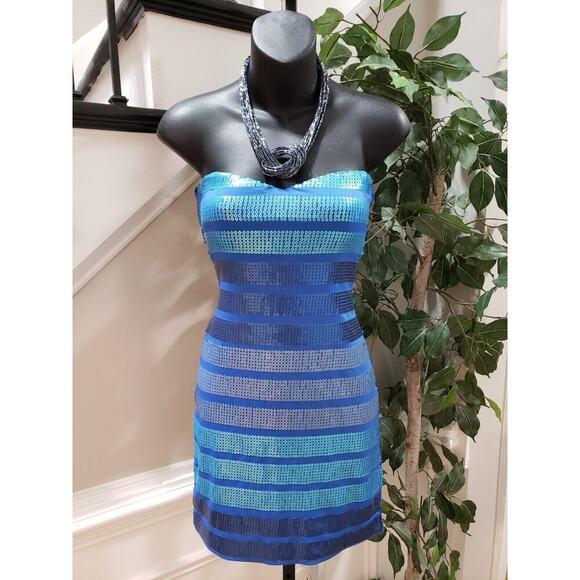 As U Wish Women Blue Sequin Strapless Sleeveless Bodycon Mini Dress Small - Picture 1 of 13